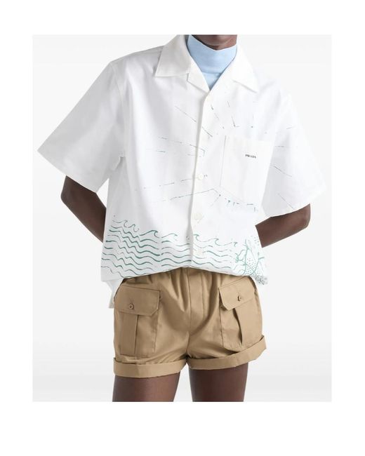 Prada White Wave Printed Short-Sleeved Shirt for men