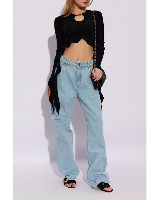Versace Jeans Black Ruffled Ribbed-Knit Cropped Top