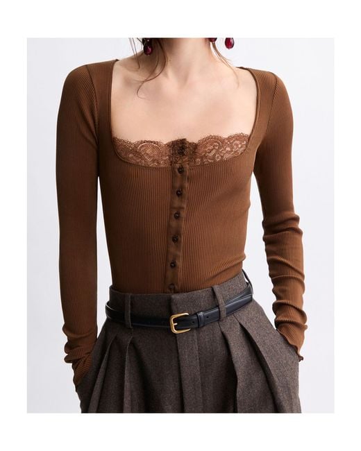Saint Laurent Brown Ribbed Silk Plain Knit Lace Square Neck Top