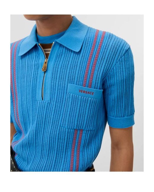 Versace Blue Logo-Embroidered Knitted Polo Shirt for men