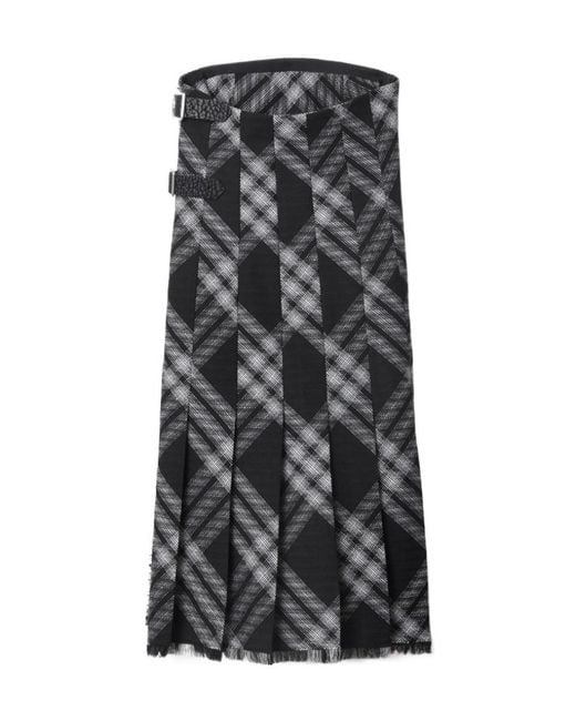 Burberry Black Checked Fringed-Edge Midi Skirt