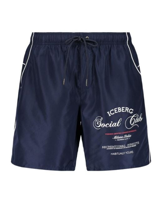 Iceberg Blue Logo Print Swim Shorts for men