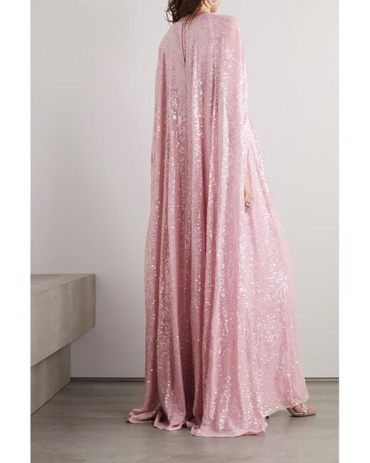 Erdem Pink Kenley Cape-Effect Gathered Sequined Chiffon Gown