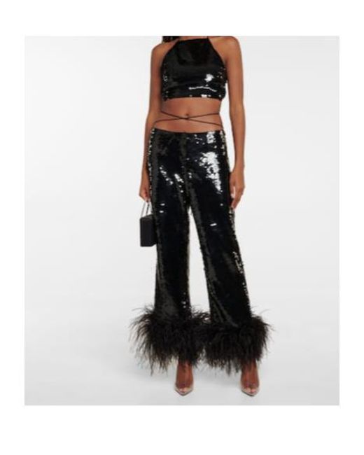 Magda Butrym Black Feather-Trimmed Sequined Straight Pants