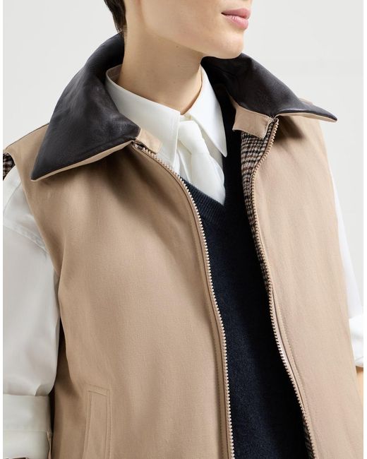 Brunello Cucinelli Brown Twill And Prince-Of-Wales Reversible Down Vest With Detachable-Leather-Collar And Monili