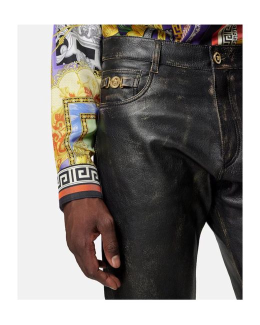 Versace Gray Distressed Leather Pants for men