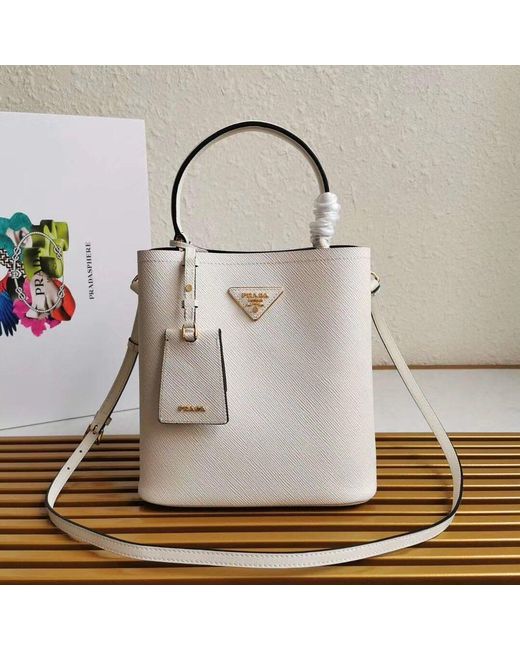 Prada White Small Saffiano Leather Panier Bag