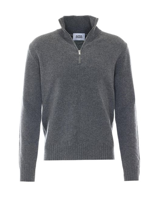 Alpha Studio Gray Half-Zip High-Neck Cardigan for men