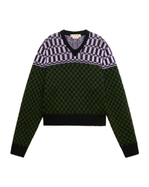 Marni Green Wool Jumper With Geometric Motif for men