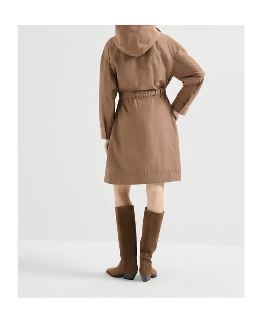 Brunello Cucinelli Brown Techno-Cotton Taffeta Coat With Detachable Hood And Shiny Zipper Pull
