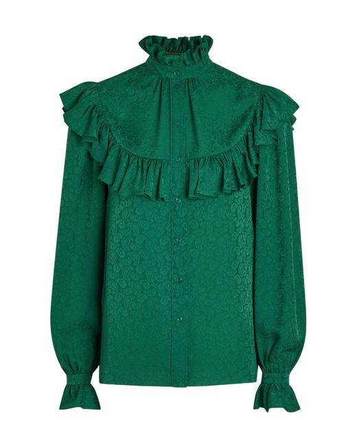 Saint Laurent Green Paisley-Jacquard Silk Blouse