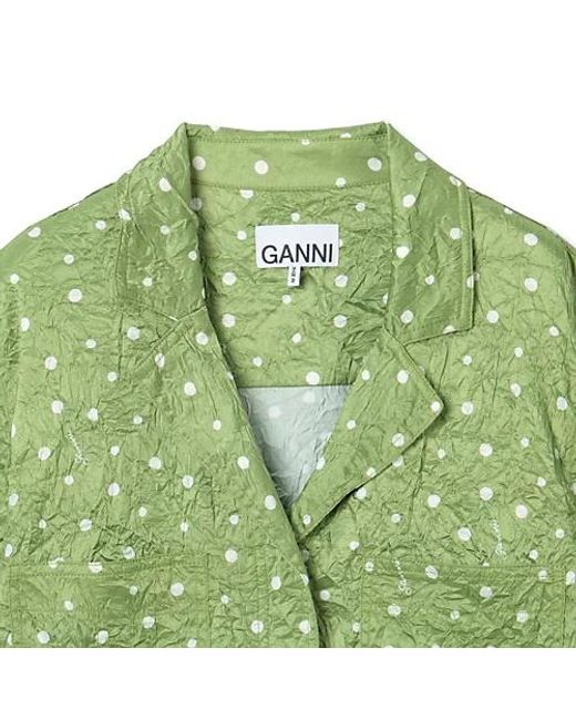 Ganni Green Crinkled Polka-Dot Shirt