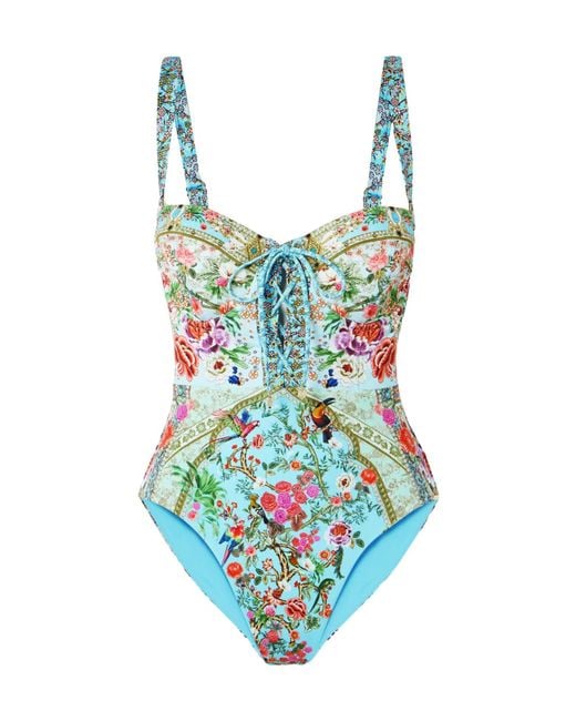 Camilla Blue Lace-Up Crystal-Embellished Printed Recycled Swimsuit