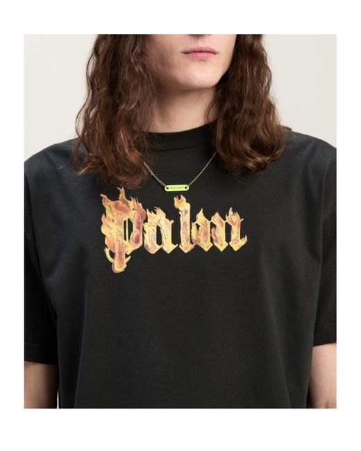 Palm Angels Black Burning Logo Printed Crewneck T-Shirt for men