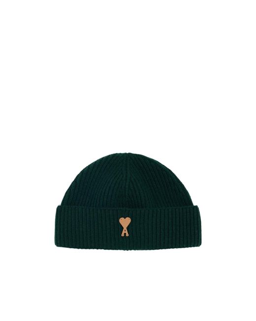 AMI Green Ami Ribbed Logo Beanie Hat for men