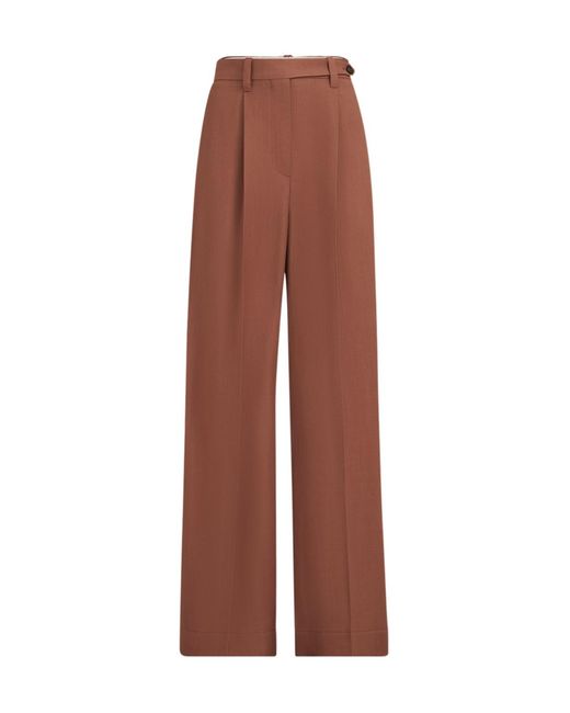 Brunello Cucinelli Brown Viscose And Linen Fluid Twill Wide Trousers With Monili