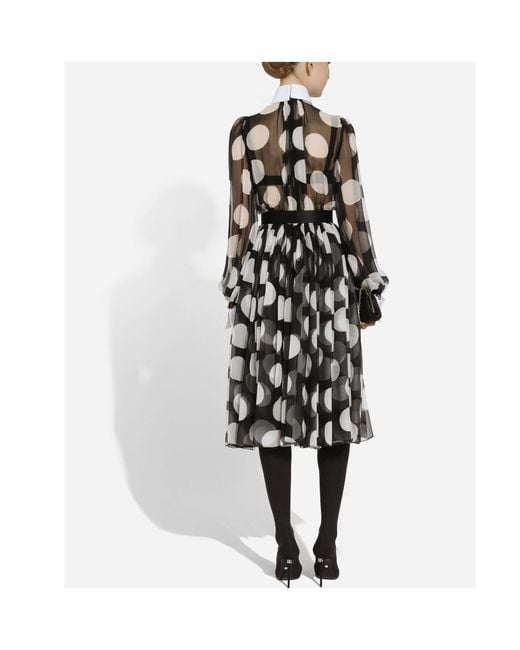 Dolce & Gabbana Black Polka-Dot Chiffon Calf-Length Dress