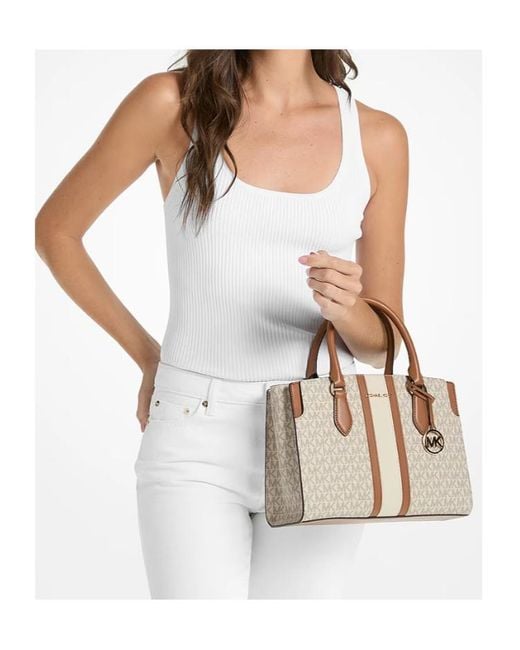 MICHAEL Michael Kors Brown Becca Medium Signature Logo Stripe Satchel