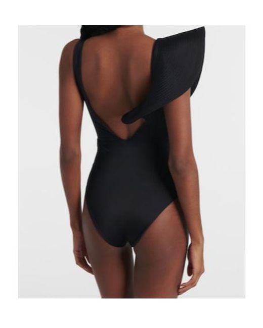 Johanna Ortiz Black Asymmetric Ruffled Swimsuit
