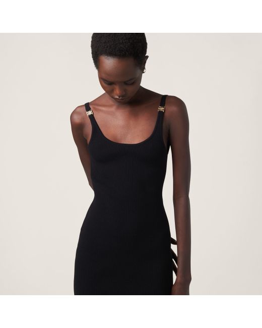 Miu Miu Black Sleeveless Ribbed-Knit Midi Dress