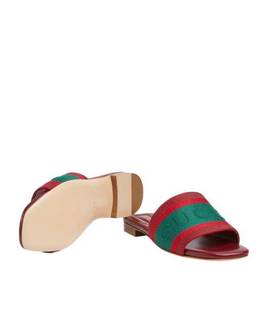 Gucci Red Slide Sandal With Web, Fabric