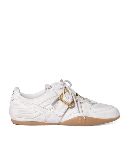 Miu Miu White Gymnasium Leather Sneakers With Strap And Buckle