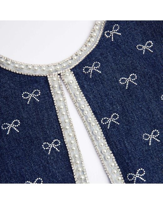 Self-Portrait Blue Crystal-Bow Denim Mini Dress