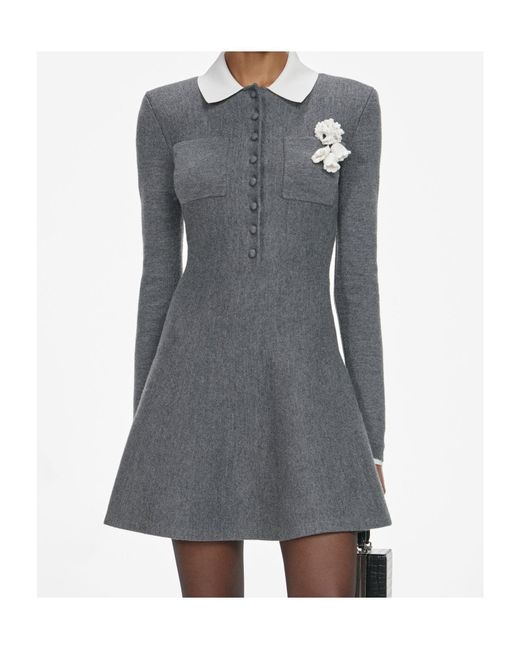 Self-Portrait Gray Crochet Flower Collared Knitted Mini Dress