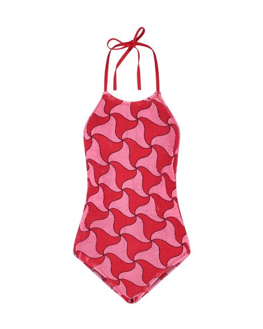 Bottega Veneta Red Crinkle Ghost Halterneck Swimsuit