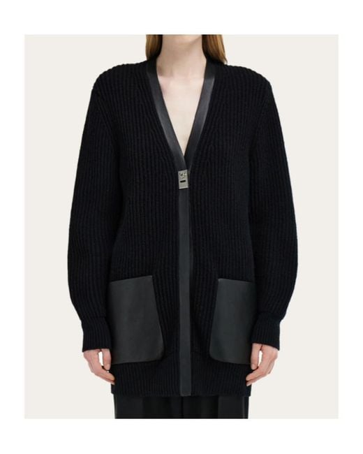 Ferragamo Blue Ferragamo Leather Trim Cardigan
