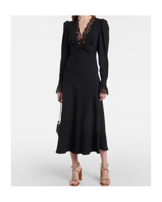 Alessandra Rich Black Lace-Trimmed Satin Midi Dress