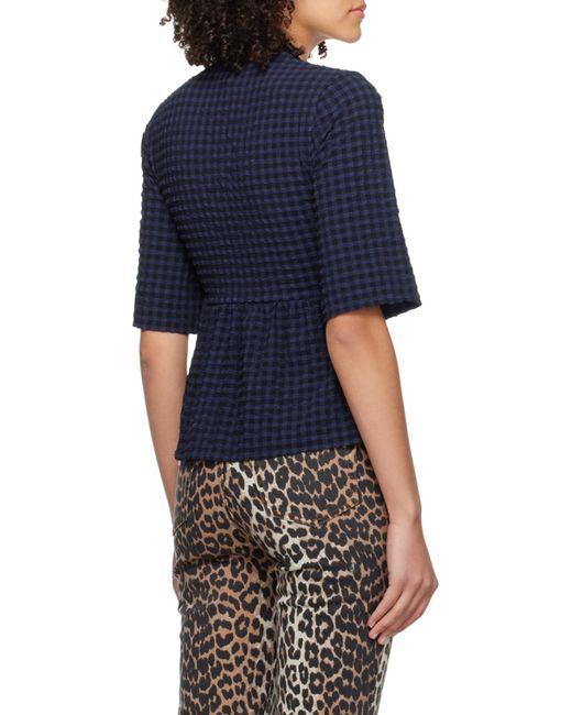 Ganni Blue Checkered Seersucker V-Neck Peplum Blouse