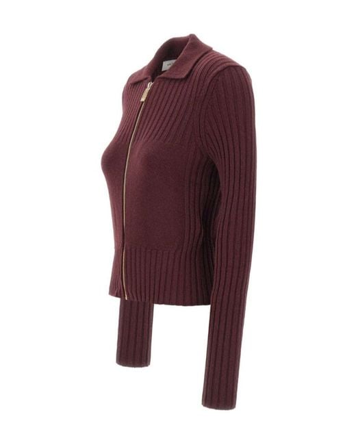 Victoria Beckham Purple Zip-Up Ribbed Cardigan