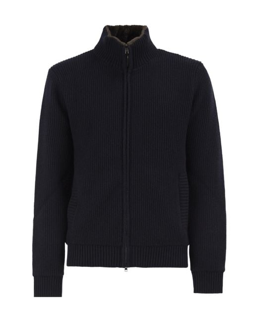 Herno Blue High-Neck Knit Cardigan for men