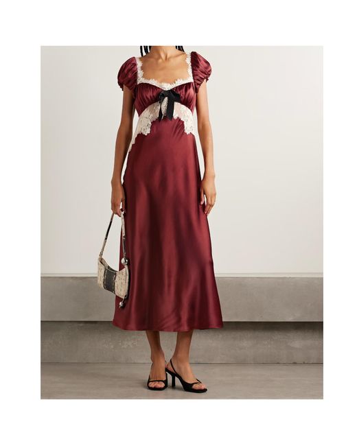 Doen Red Veda Bow-Detailed Corded Lace-Trimmed Silk-Charmeuse Midi Dress