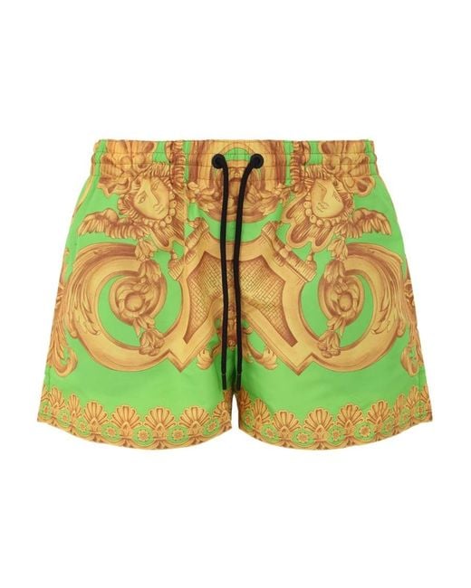 Versace Green Baroque-Print Swim Shorts for men