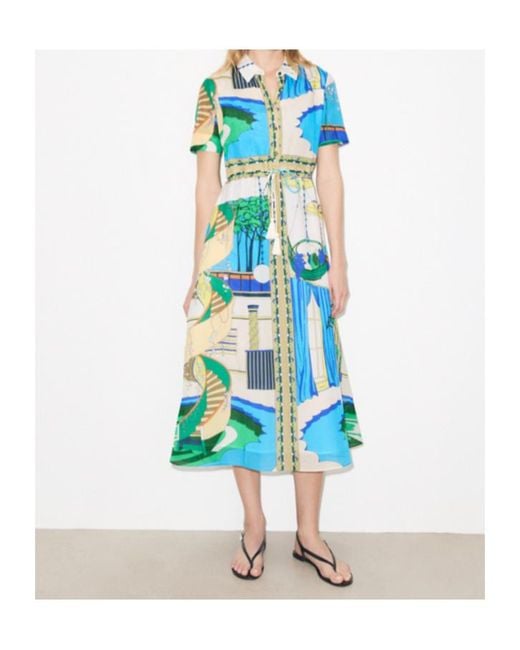 Tory Burch Blue Graphic-Print Midi Shirt Dress