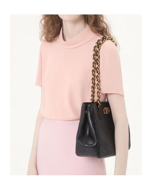 Valentino Pink Georgette Mock Neck Short-Sleeved Top
