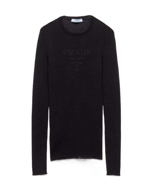 Prada Black Superfine Ribbed Intarsia-Logo Sweater