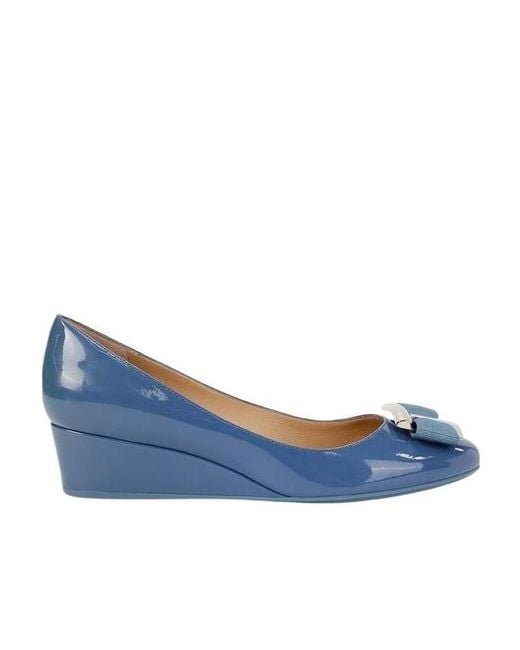 Ferragamo Blue Bow-Tie Round-Toe Wedge Heels