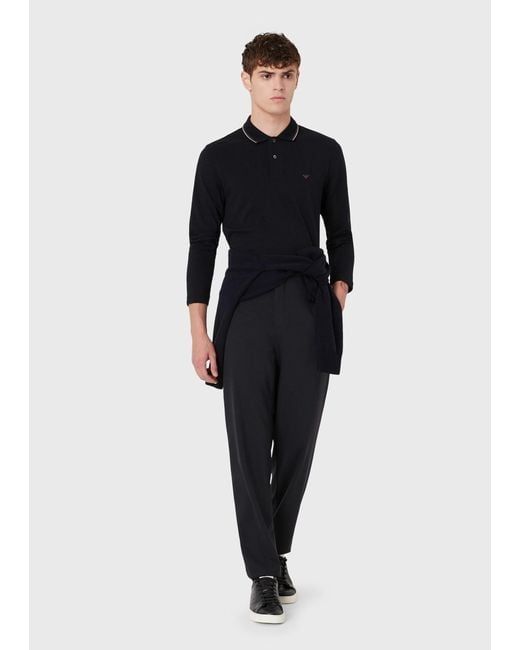 Emporio Armani Blue Micro Eagle Embroidered Long-Sleeved Stretch Pique Polo Shirt for men