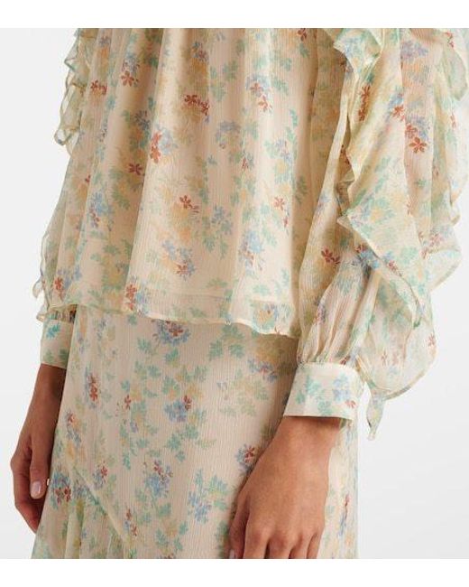 Ulla Johnson Natural Willow Ruffled Floral Silk Blouse