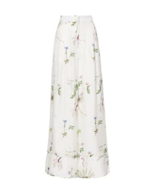 Erdem White Floral Printed Silk Wide-Leg Pants