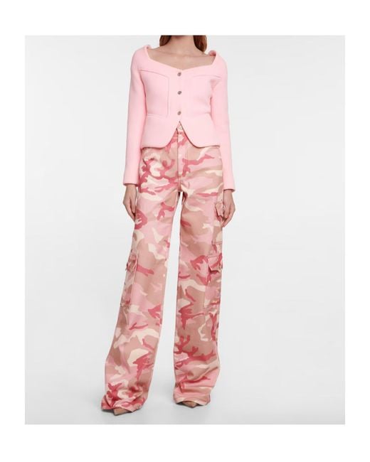 Alessandra Rich Pink Camouflage High-Rise Wide-Leg Cotton Cargo Pants