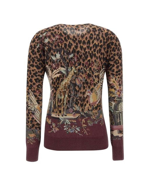 Etro Brown Leopard-Print Floral-Intarsia Cardigan