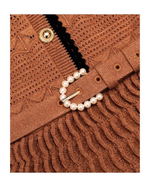 Self-Portrait Brown Belted Crochet-Knit Midi Dress
