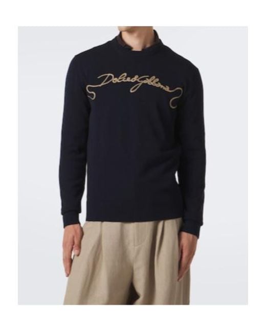 Dolce & Gabbana Blue Embroidered Virgin Wool Sweater for men