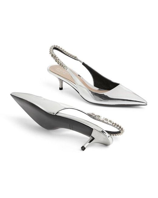 Gucci White Metallic Signoria Slingback Pumps