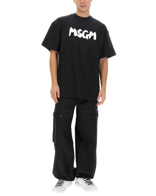 MSGM Black Contrasting-Stitch Logo-Patch Cargo Trousers for men