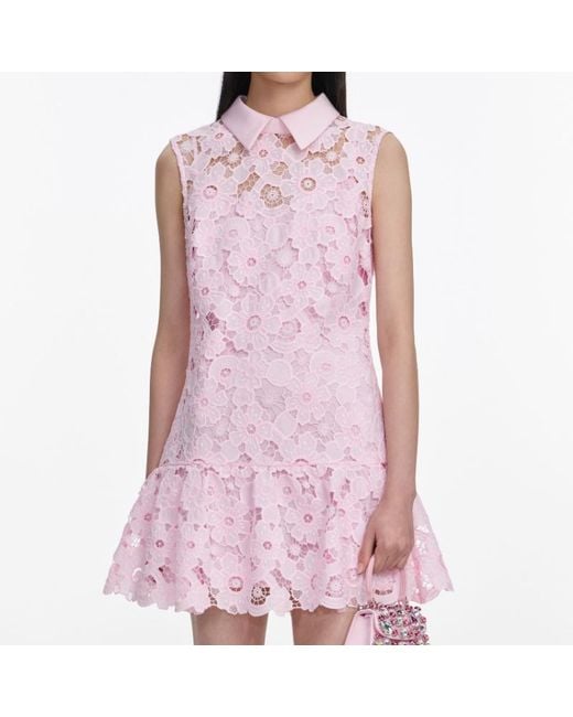 Self-Portrait Pink Embellished-Trim Lace Mini Dress